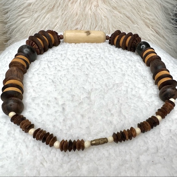 Wooden Beaded Necklace Boho Tribal Bohemian Statement Boho Wood 10 Inches - Picture 6 of 14